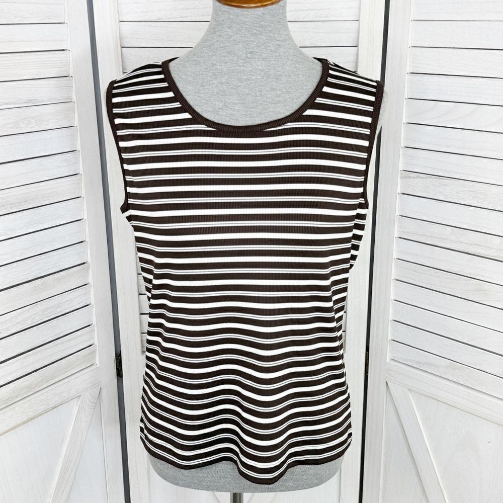 Covington Striped Ribbed Knit Tank Top Brown White‎ Medium Stretchy